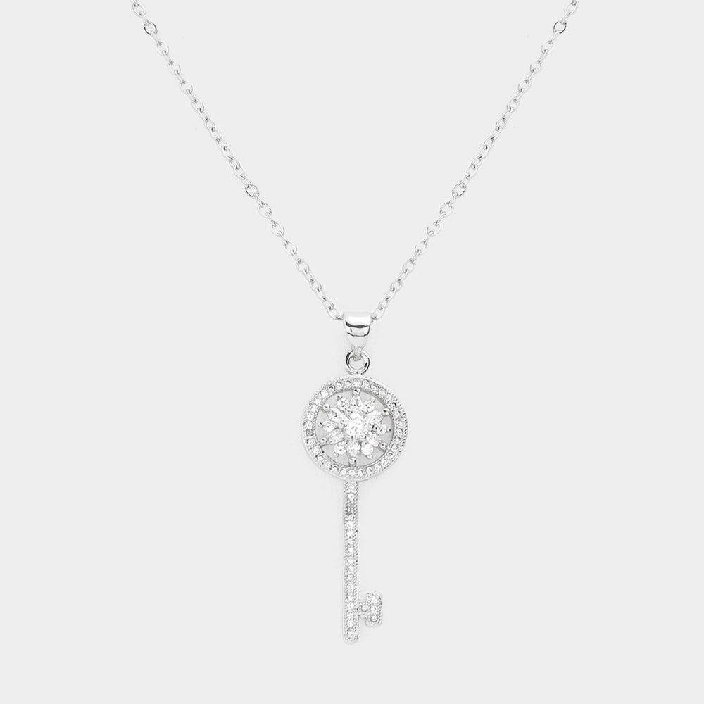 CZ Embellished Key Pendant Stainless Steel Necklace - Jewelry Store by Erik Rayo