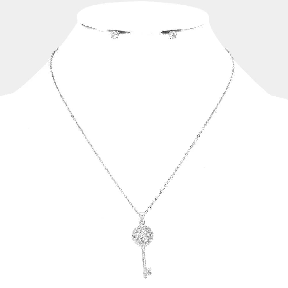 CZ Embellished Key Pendant Stainless Steel Necklace - Jewelry Store by Erik Rayo
