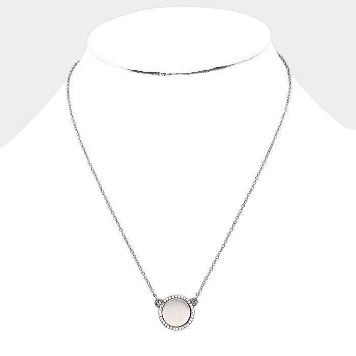 Silver Crystal Trim Round Metal Pendant Necklace - Jewelry Store by Erik Rayo