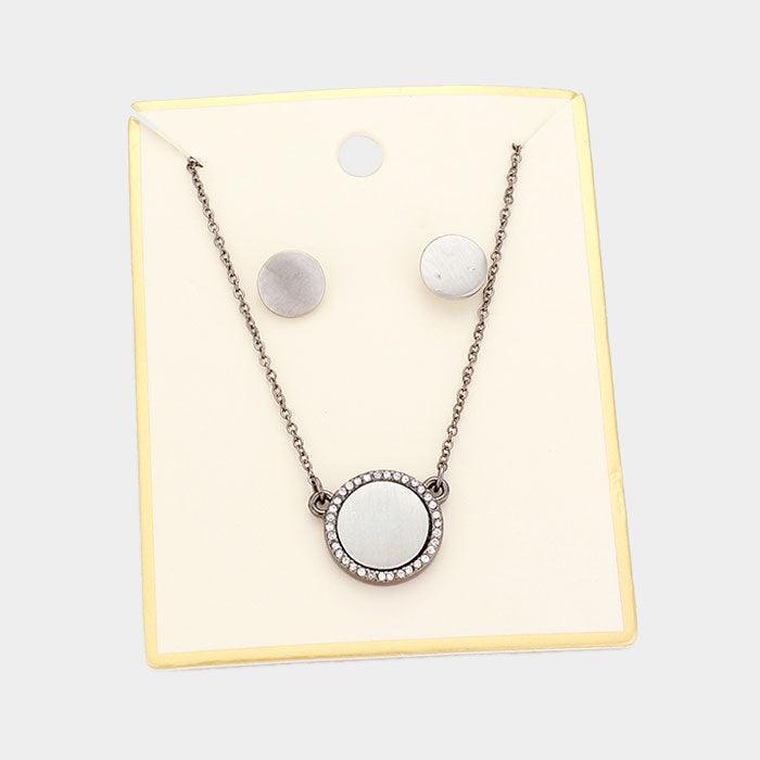 Silver Crystal Trim Round Metal Pendant Necklace - Jewelry Store by Erik Rayo
