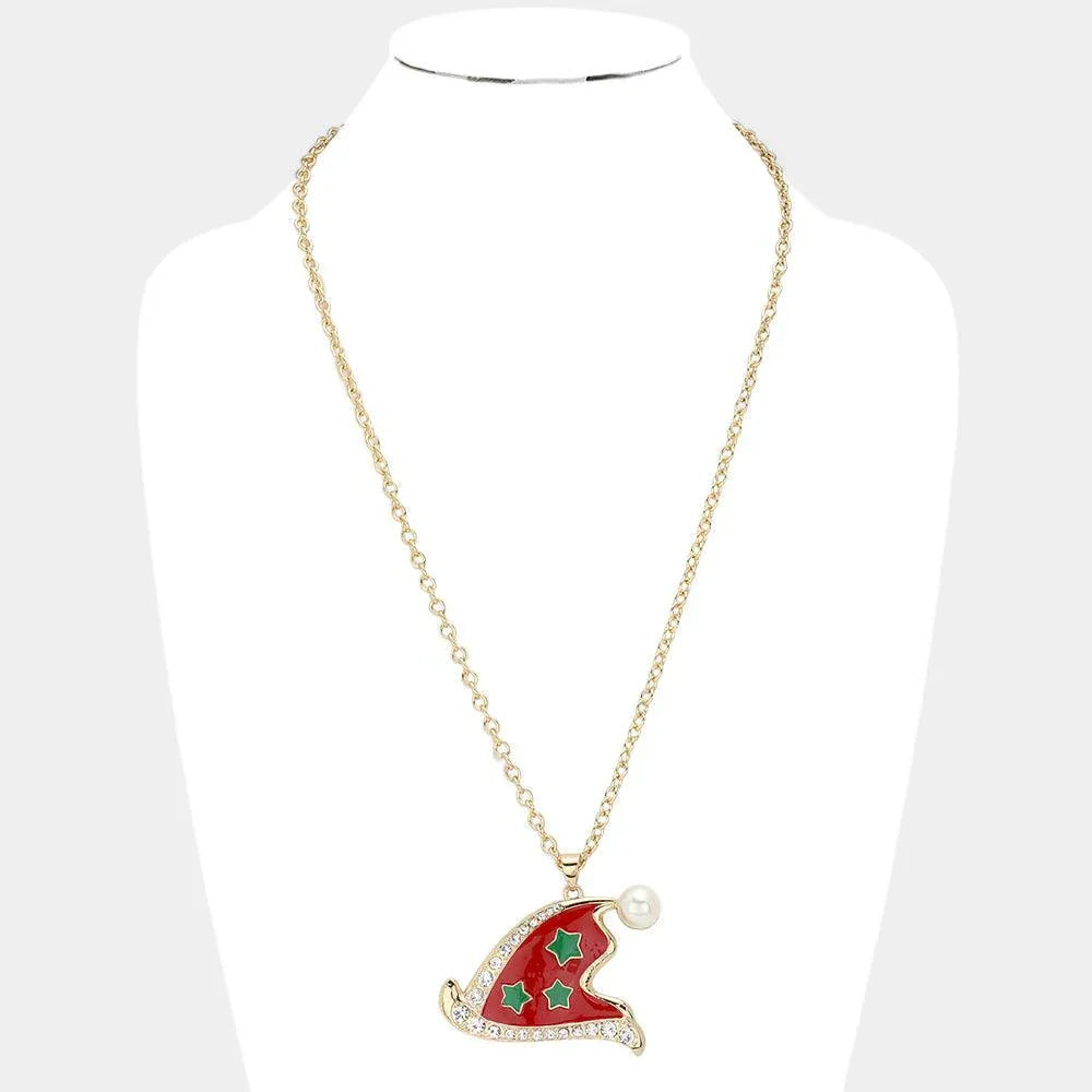 Gold Pearl Pointed Enamel Christmas Santa Claus Hat Pendant Necklace - Jewelry Store by Erik Rayo