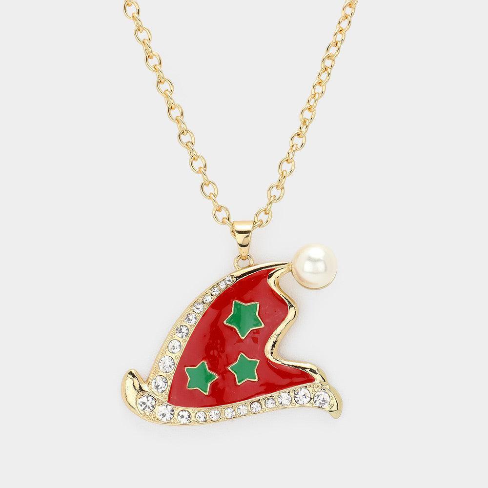Gold Pearl Pointed Enamel Christmas Santa Claus Hat Pendant Necklace - Jewelry Store by Erik Rayo