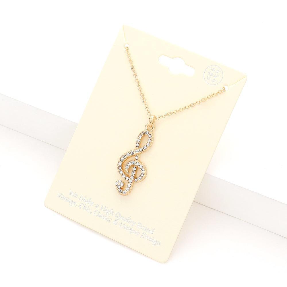 Gold Rhinestone Embellished Metal Treble Clef Pendant Necklace - Jewelry Store by Erik Rayo