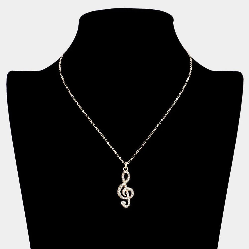 Gold Rhinestone Embellished Metal Treble Clef Pendant Necklace - Jewelry Store by Erik Rayo