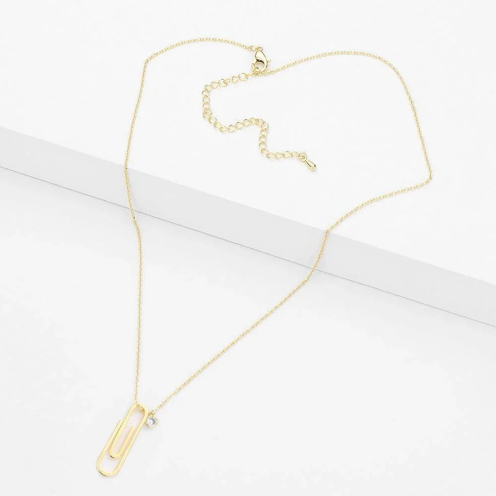 Gold Brass Metal Paper Clip Round Stone Pendant Necklace - Jewelry Store by Erik Rayo
