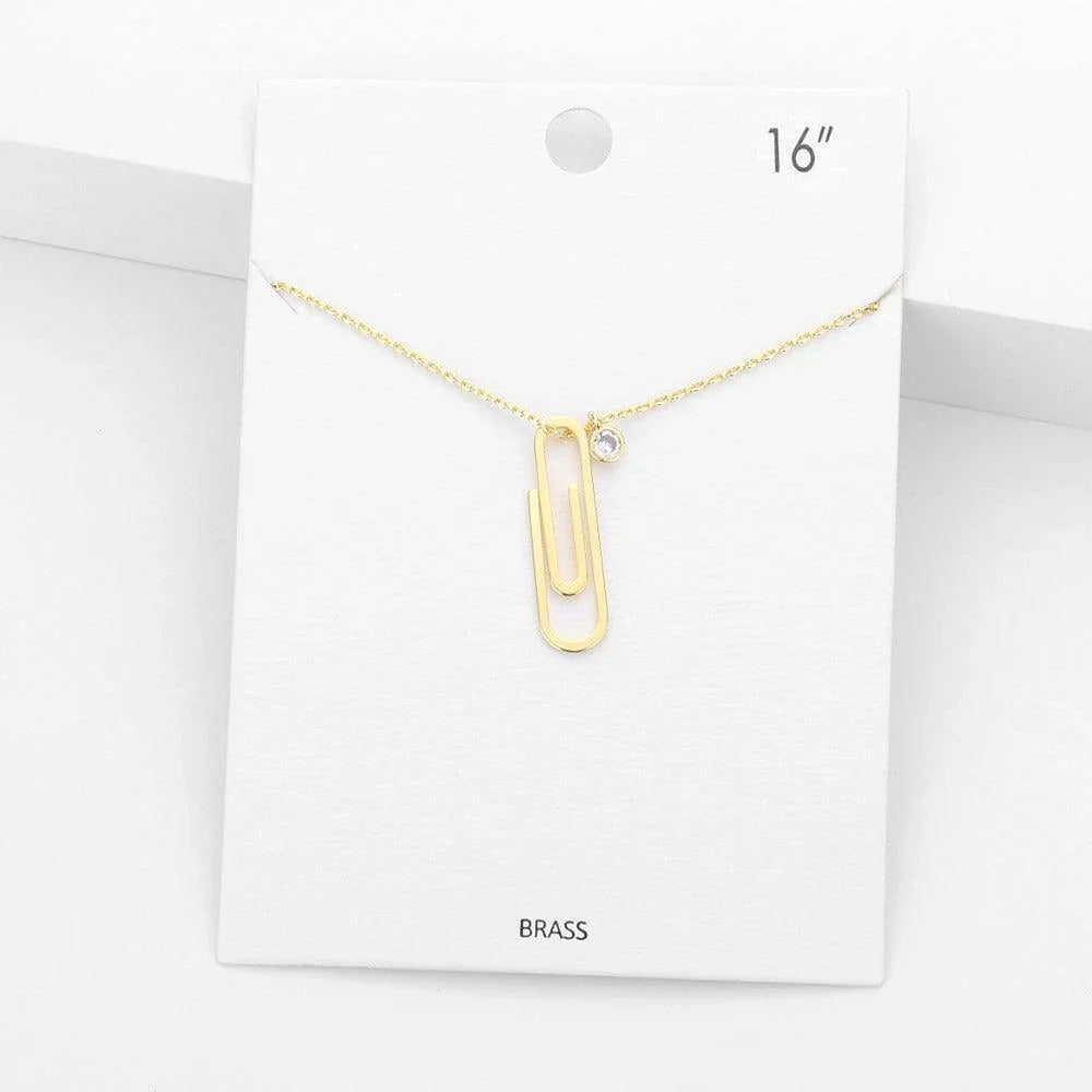 Gold Brass Metal Paper Clip Round Stone Pendant Necklace - Jewelry Store by Erik Rayo