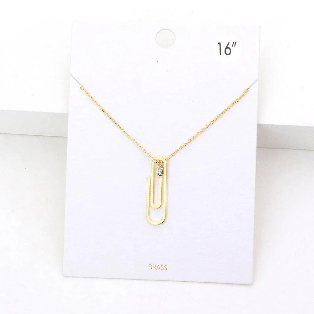 Gold Brass Metal Paper Clip Round Stone Pendant Necklace - Jewelry Store by Erik Rayo