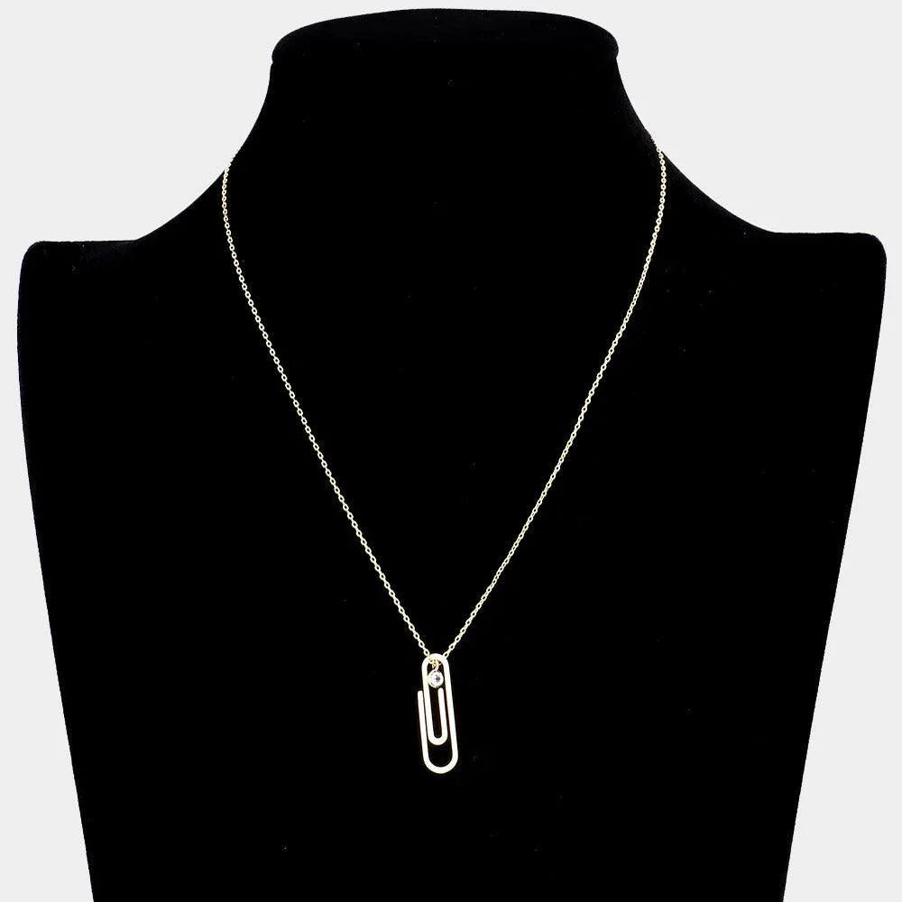 Gold Brass Metal Paper Clip Round Stone Pendant Necklace - Jewelry Store by Erik Rayo
