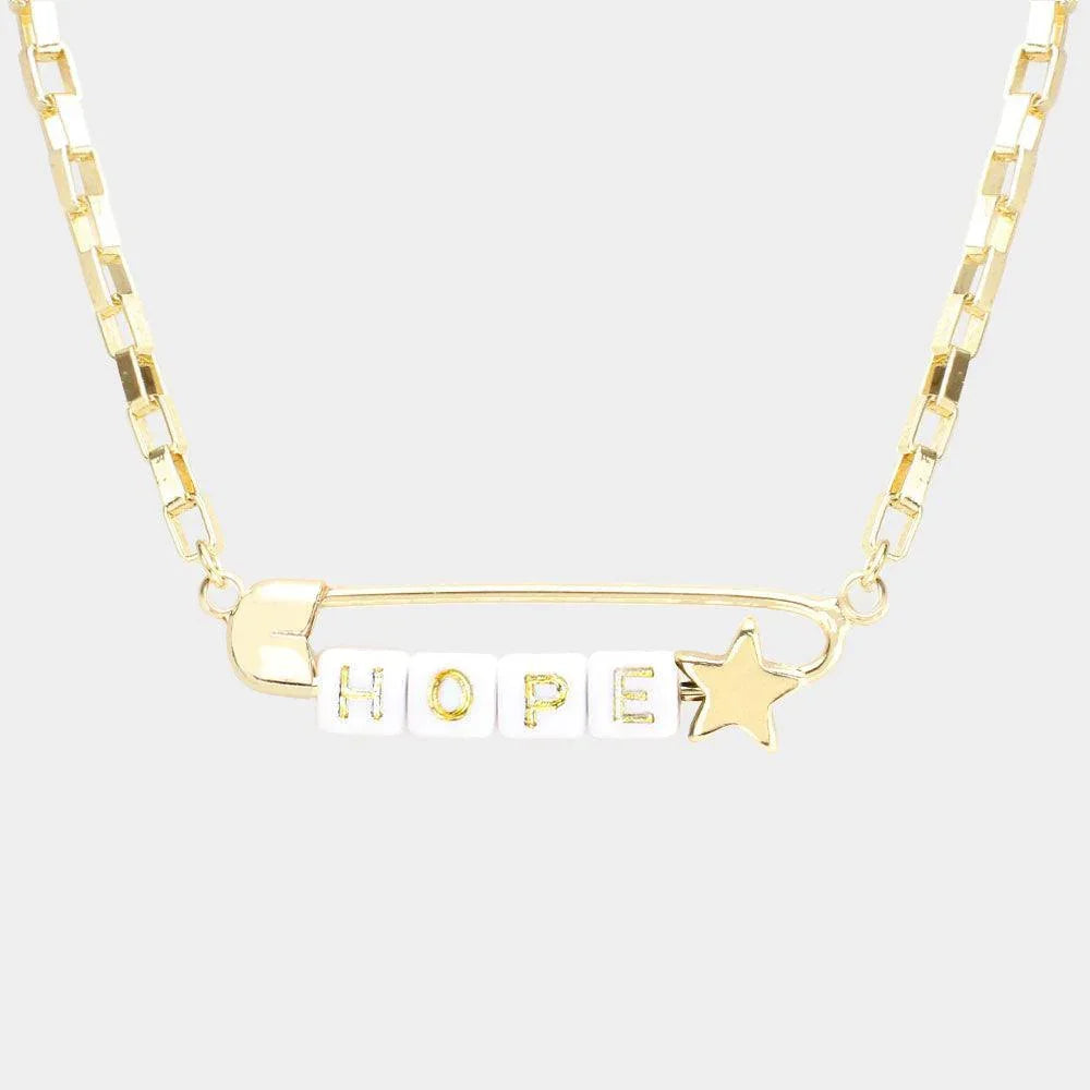 White HOPE Metal Safety Pin Message Pendant Necklace - Jewelry Store by Erik Rayo