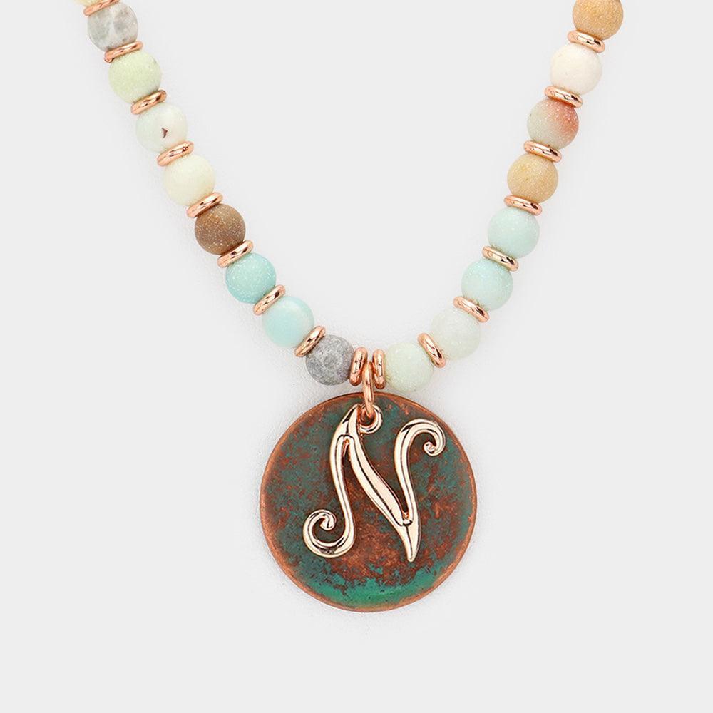 Letter N Monogram Pendant Natural Stone Long Necklace - Jewelry Store by Erik Rayo