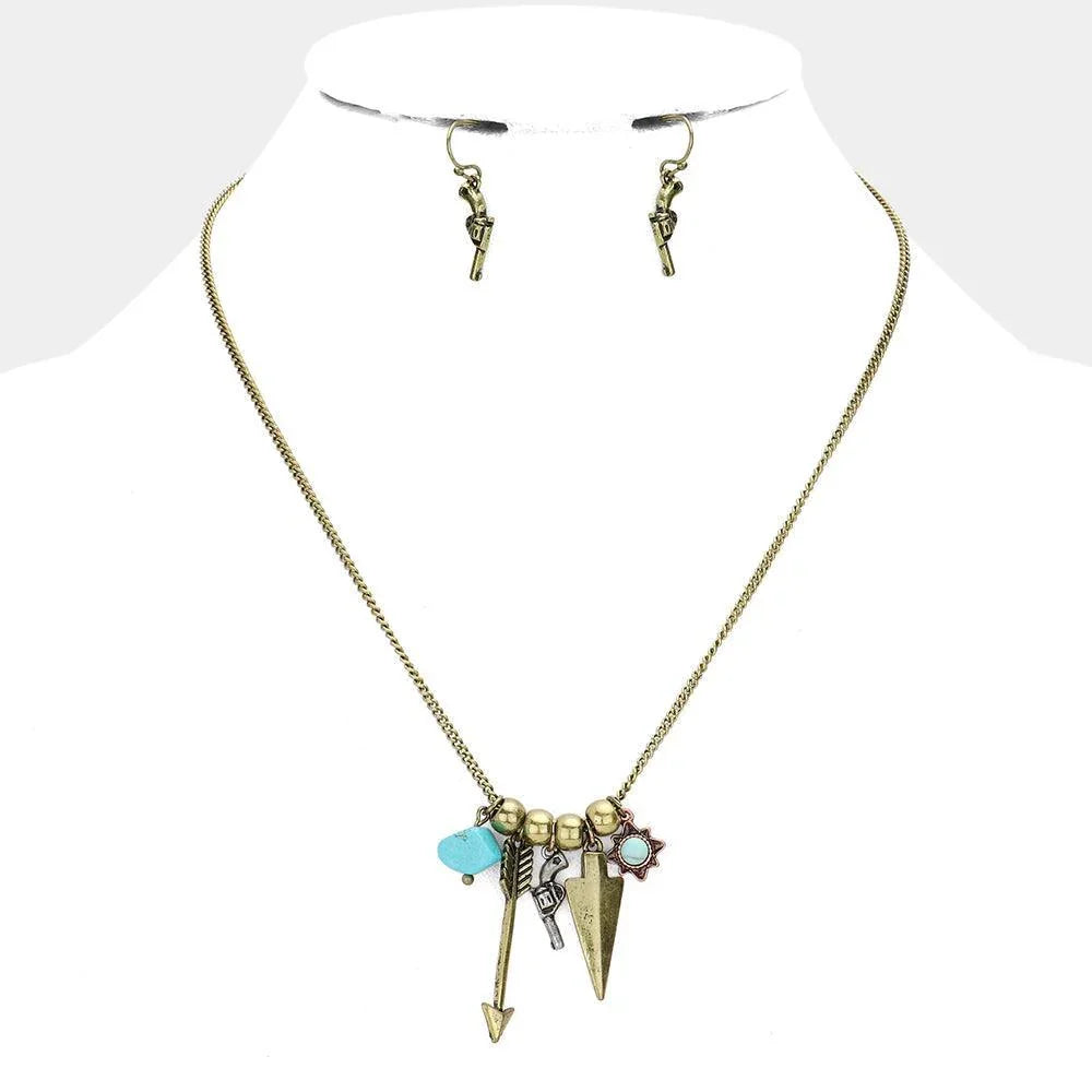 Turquoise Turquoise Stone Accented Arrow & Gun Pendant Necklace - Jewelry Store by Erik Rayo