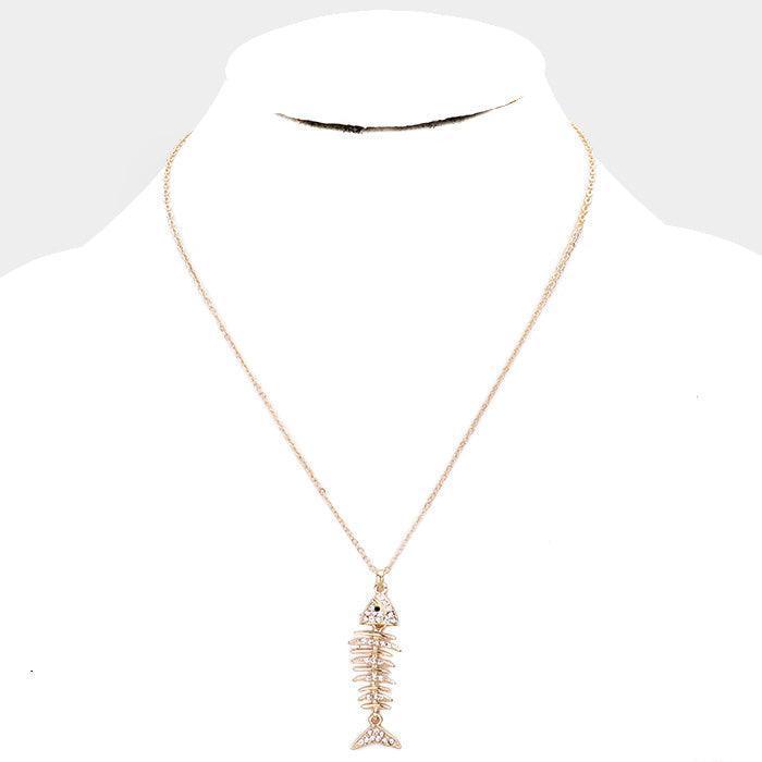 Gold Crystal Pave Fishbone Pendant Necklace - Jewelry Store by Erik Rayo