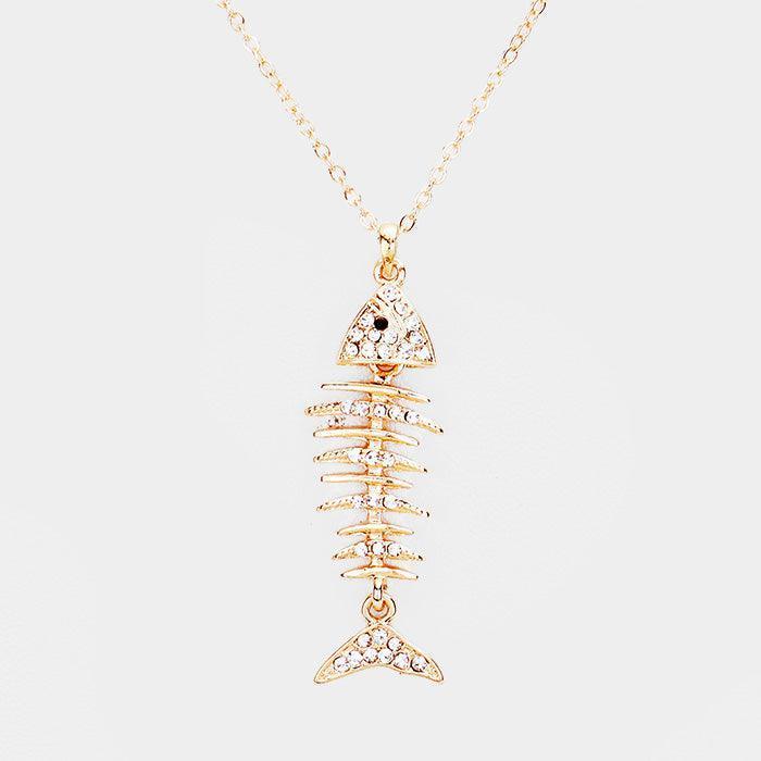 Gold Crystal Pave Fishbone Pendant Necklace - Jewelry Store by Erik Rayo