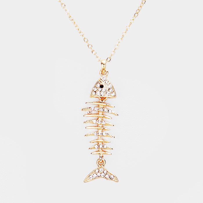 Gold Crystal Pave Fishbone Pendant Necklace