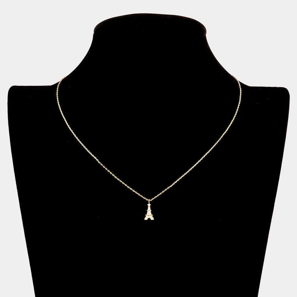 Gold Rhinestone Embellished Brass Metal Eiffel Tower Pendant Necklace - Jewelry Store by Erik Rayo
