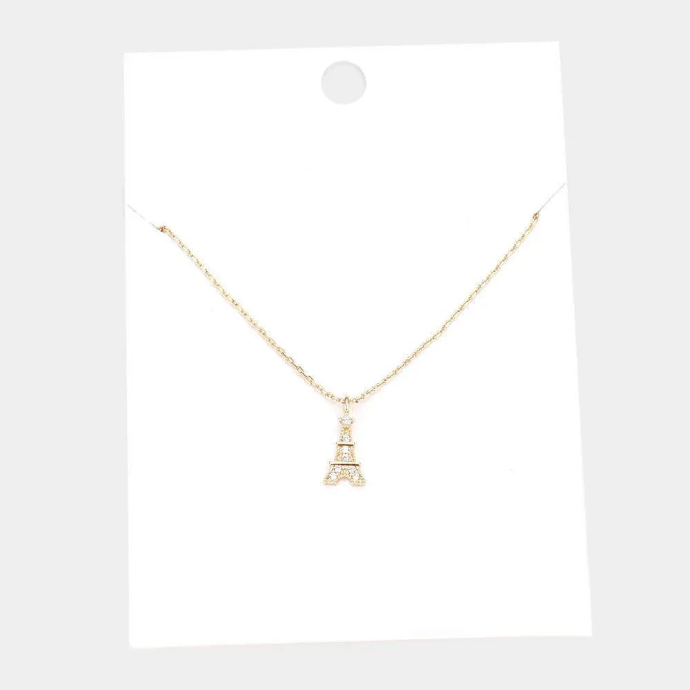 Gold Rhinestone Embellished Brass Metal Eiffel Tower Pendant Necklace - Jewelry Store by Erik Rayo