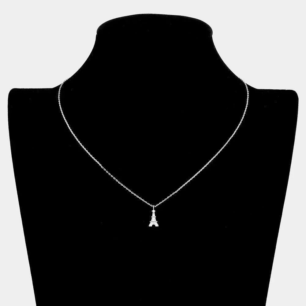 Silver Rhinestone Embellished Brass Metal Eiffel Tower Pendant Necklace - Jewelry Store by Erik Rayo