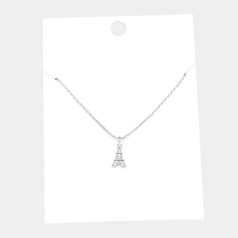 Silver Rhinestone Embellished Brass Metal Eiffel Tower Pendant Necklace - Jewelry Store by Erik Rayo
