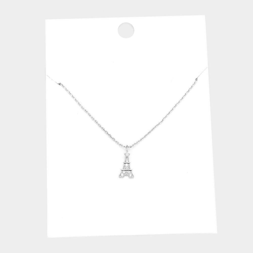 Silver Rhinestone Embellished Brass Metal Eiffel Tower Pendant Necklace