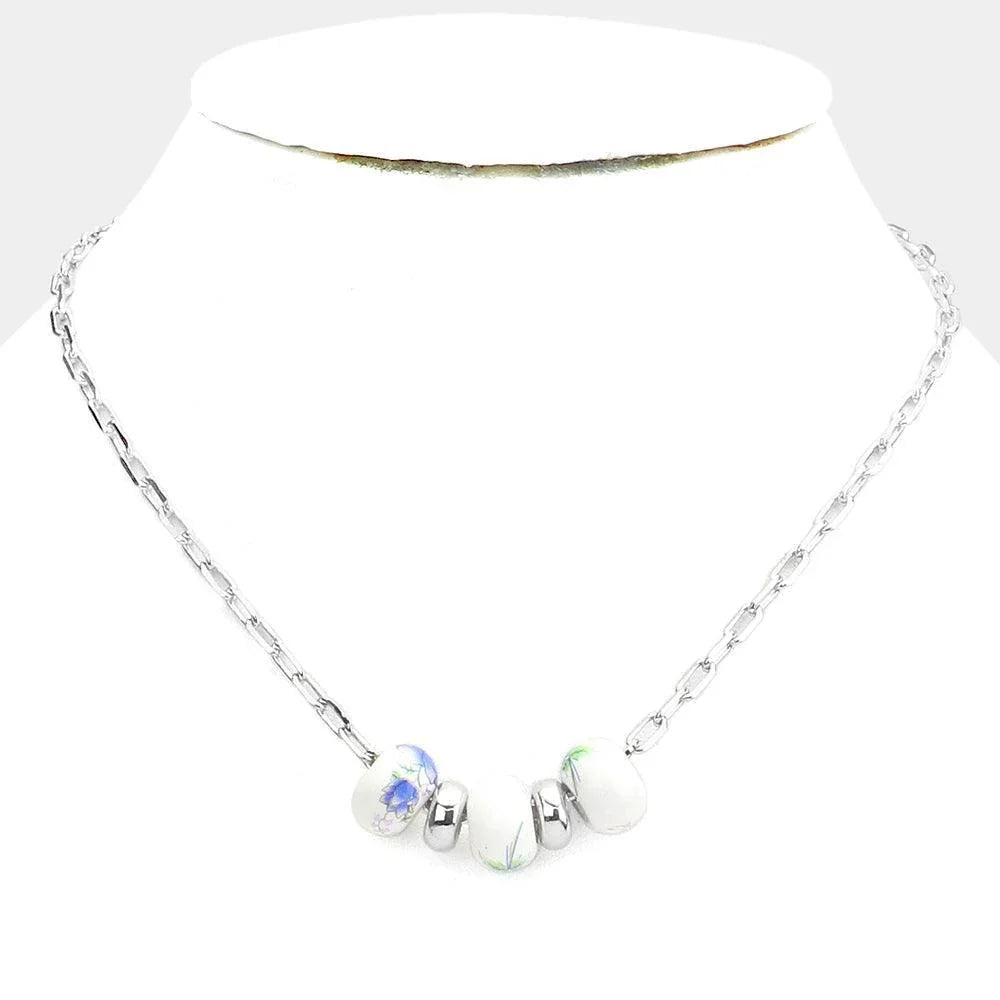 Blue Flower Printed Triple Bead Pendant Necklace - Jewelry Store by Erik Rayo