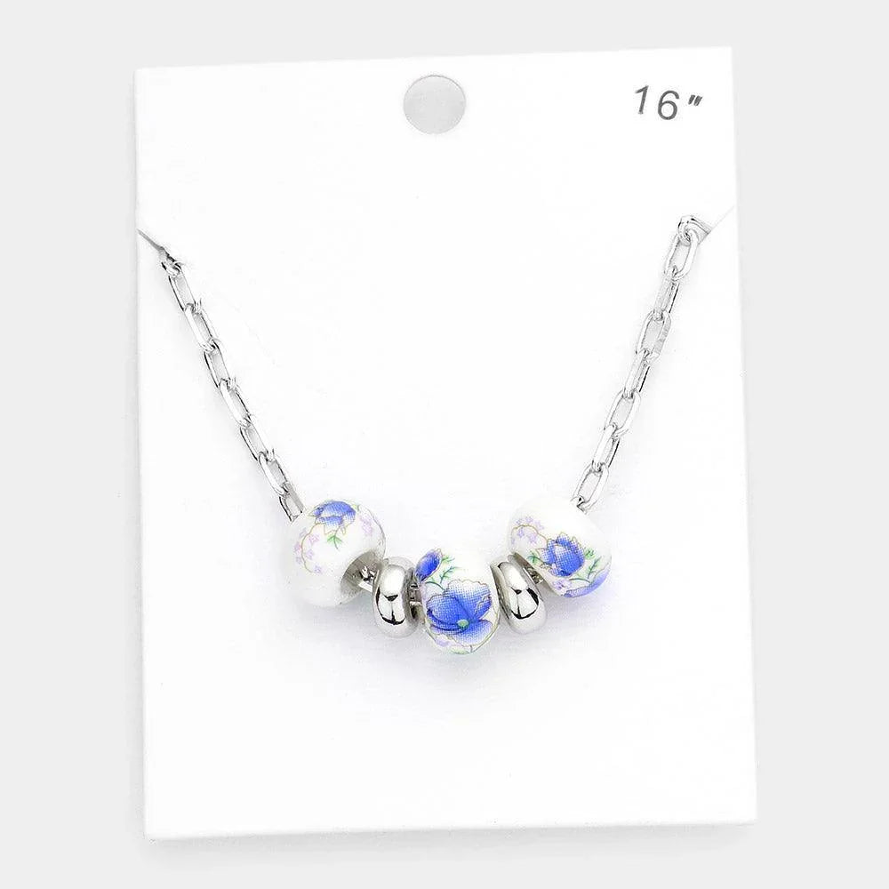 Blue Flower Printed Triple Bead Pendant Necklace - Jewelry Store by Erik Rayo