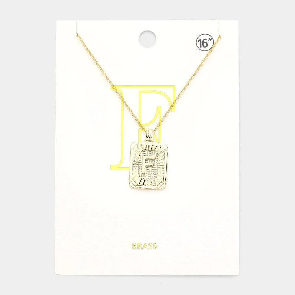 Letter F Brass Metal Rectangle Monogram Pendant Necklace - Jewelry Store by Erik Rayo