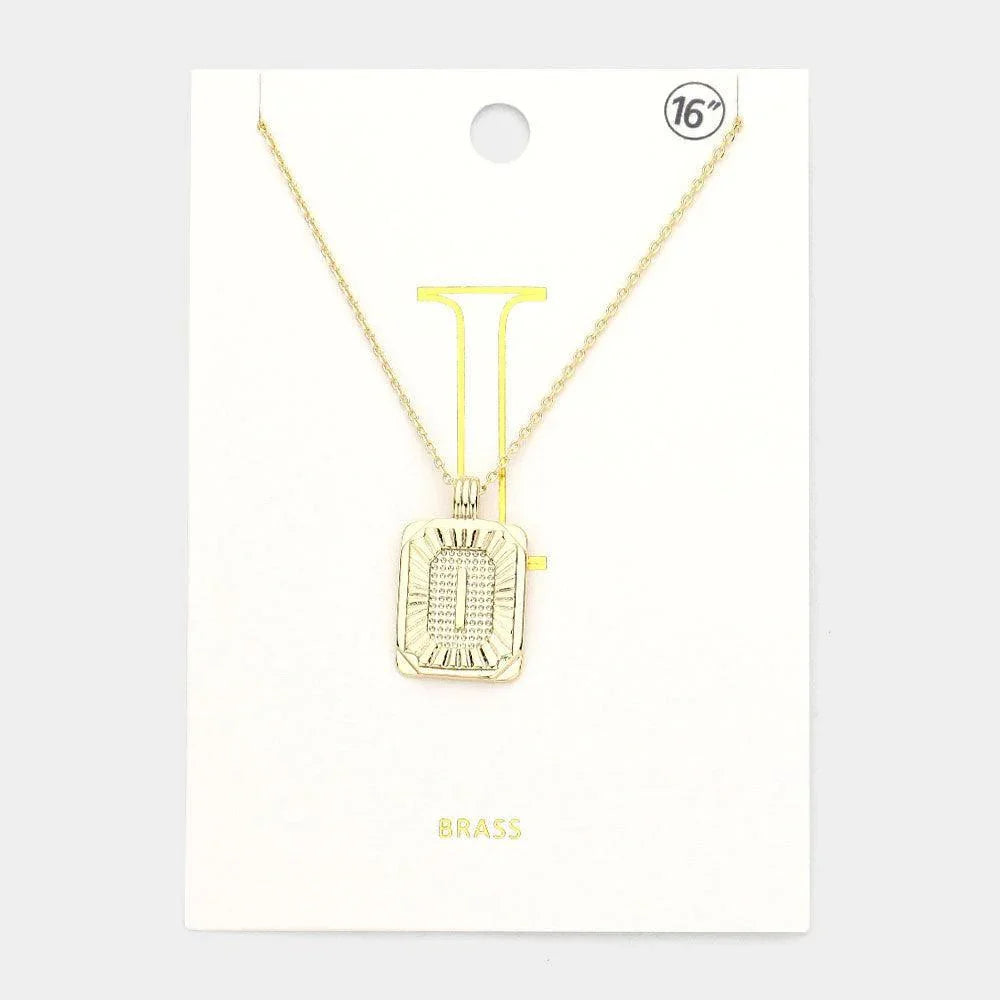 Letter I Brass Metal Rectangle Monogram Pendant Necklace - Jewelry Store by Erik Rayo