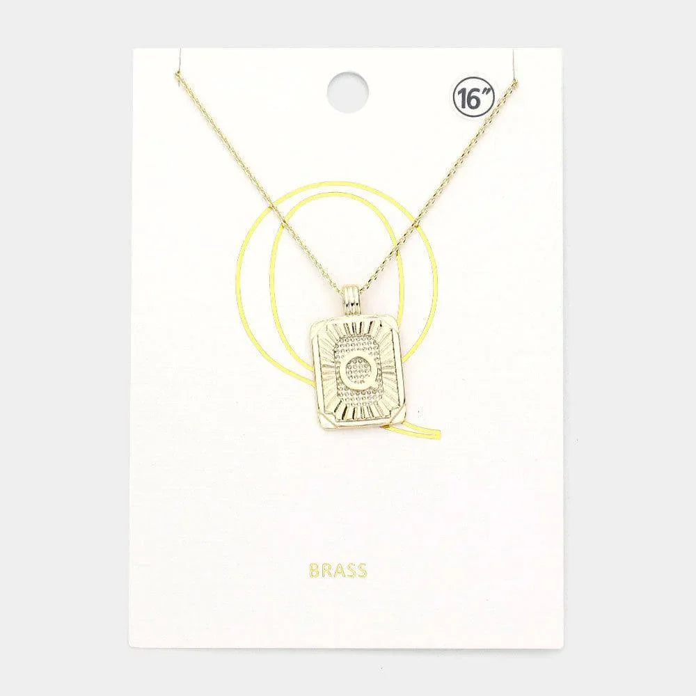 Letter Q Brass Metal Rectangle Monogram Pendant Necklace - Jewelry Store by Erik Rayo