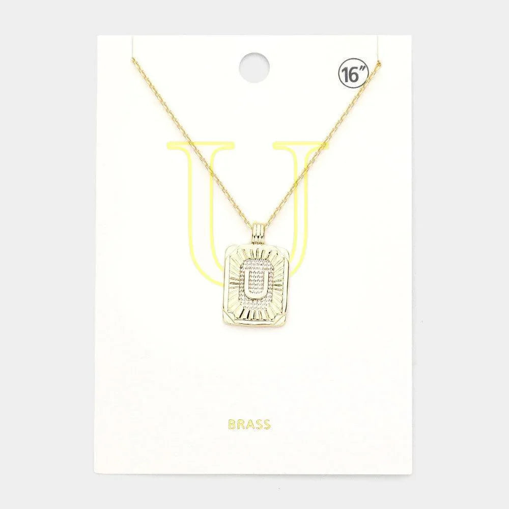 Letter U Brass Metal Rectangle Monogram Pendant Necklace - Jewelry Store by Erik Rayo