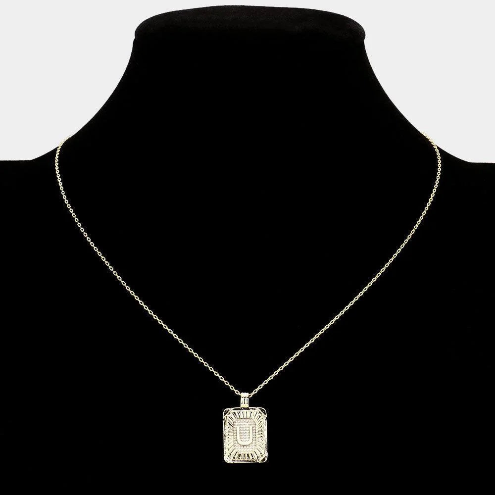 Letter U Brass Metal Rectangle Monogram Pendant Necklace - Jewelry Store by Erik Rayo