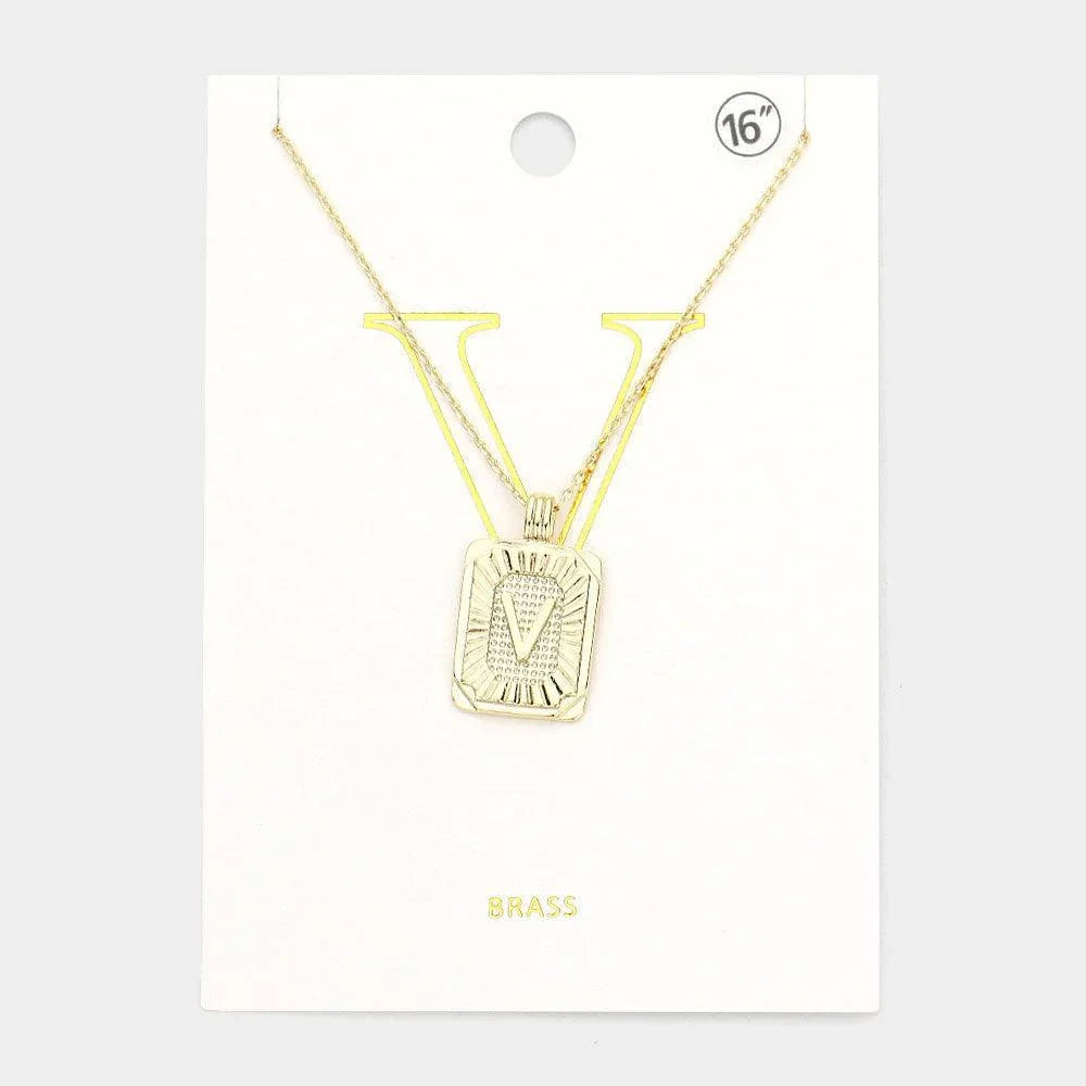 Letter V Brass Metal Rectangle Monogram Pendant Necklace - Jewelry Store by Erik Rayo