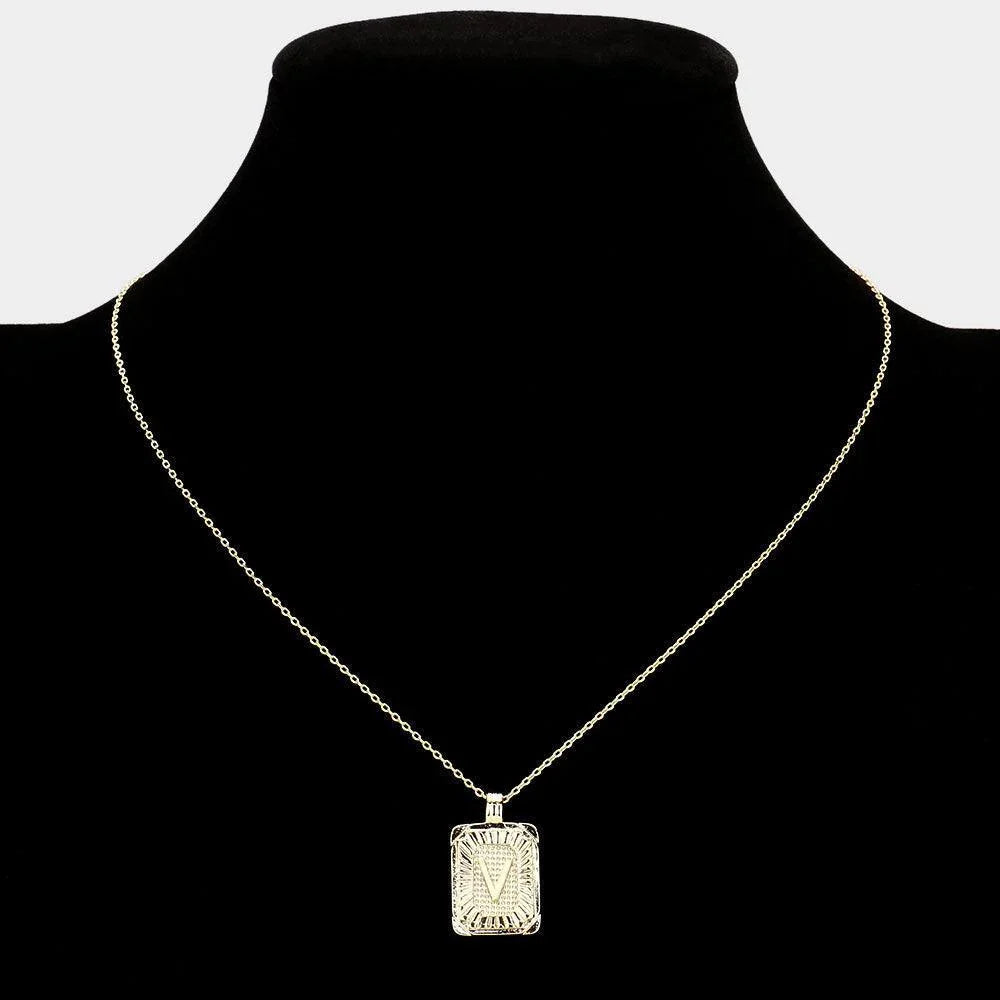 Letter V Brass Metal Rectangle Monogram Pendant Necklace - Jewelry Store by Erik Rayo