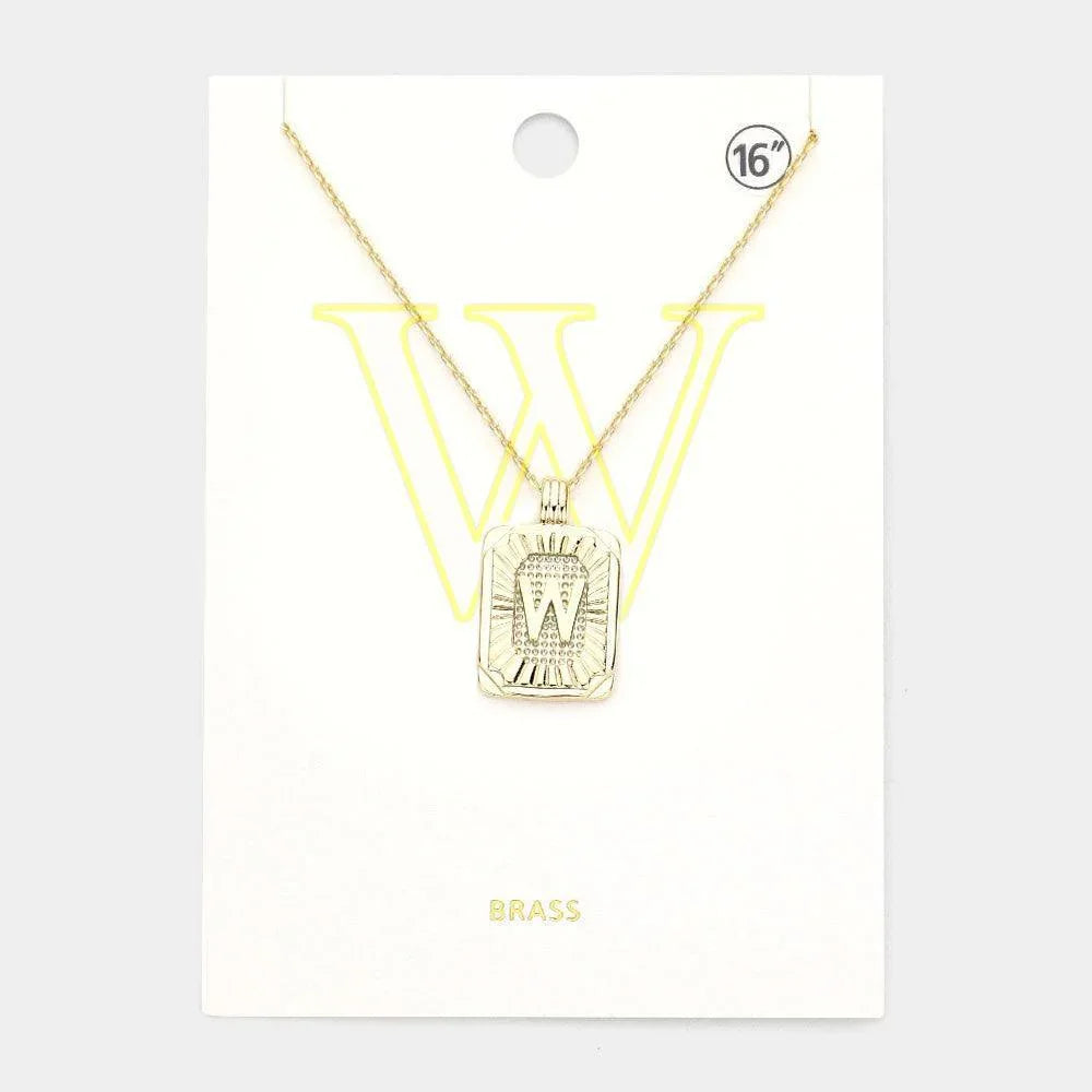 Letter W Brass Metal Rectangle Monogram Pendant Necklace - Jewelry Store by Erik Rayo