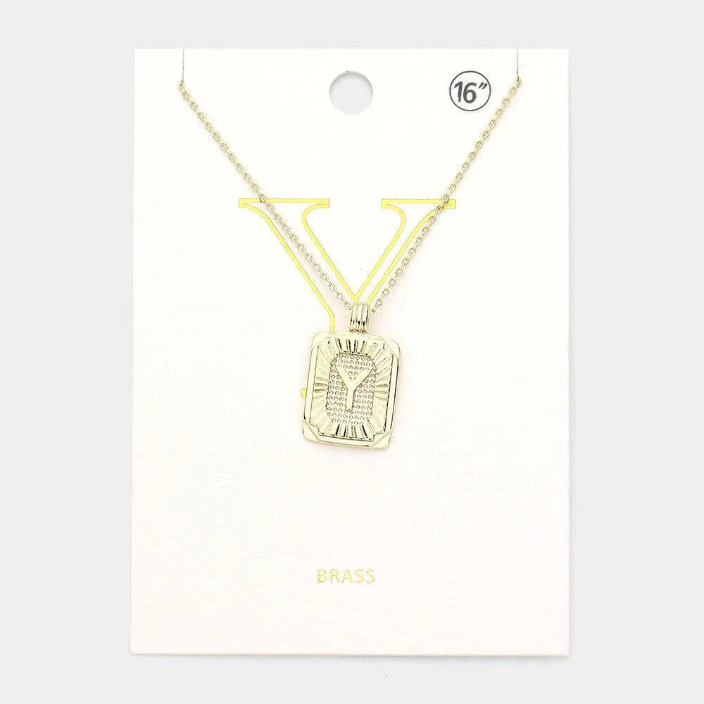 Letter Y Brass Metal Rectangle Monogram Pendant Necklace - Jewelry Store by Erik Rayo