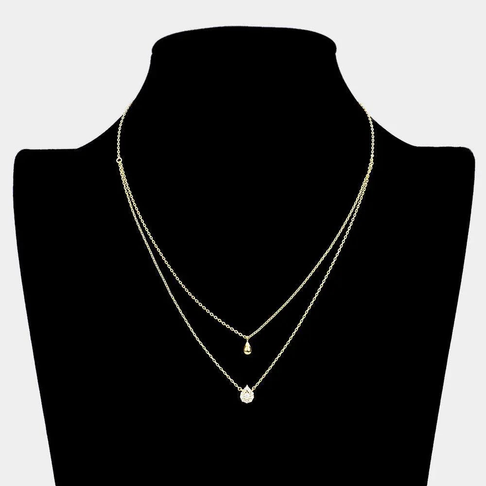 Gold Brass Metal CZ Teardrop Pendant Double Layered Necklace - Jewelry Store by Erik Rayo