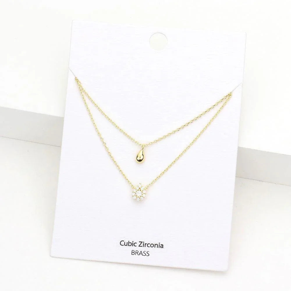 Gold Brass Metal CZ Teardrop Pendant Double Layered Necklace - Jewelry Store by Erik Rayo