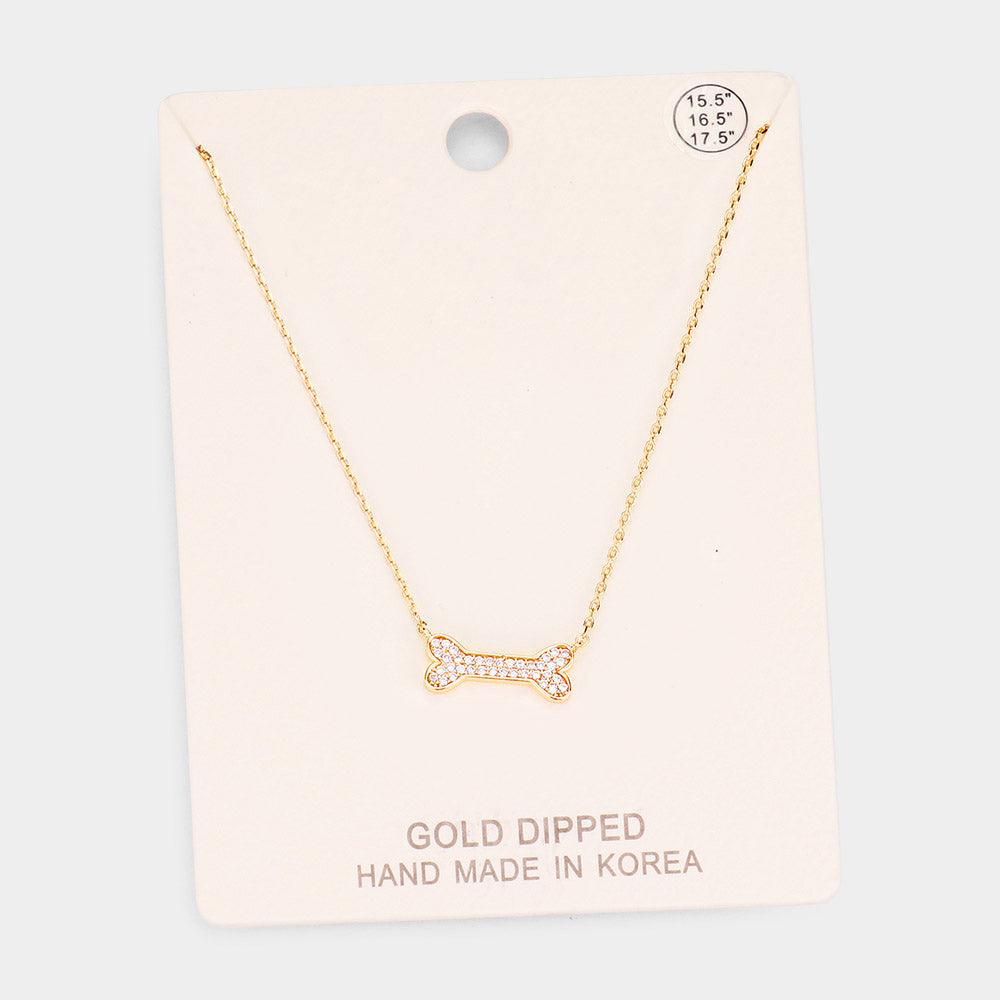 Gold Gold Dipped CZ Pave Dog Bone Pendant Necklace