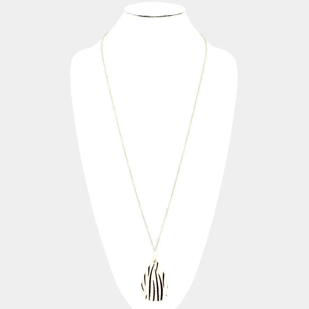 White Zebra Patterned Teardrop Pendant Long Necklace - Jewelry Store by Erik Rayo