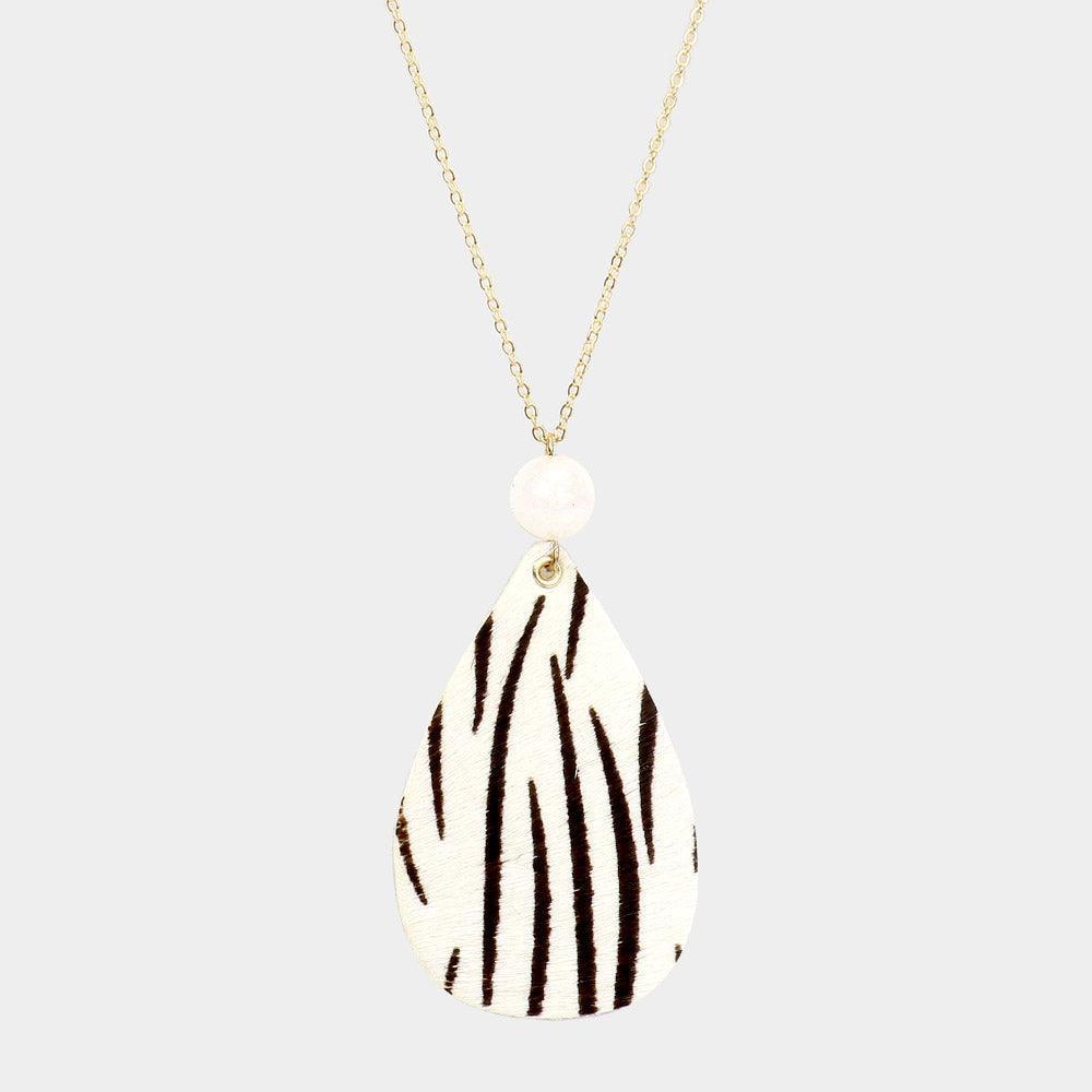 White Zebra Patterned Teardrop Pendant Long Necklace - Jewelry Store by Erik Rayo