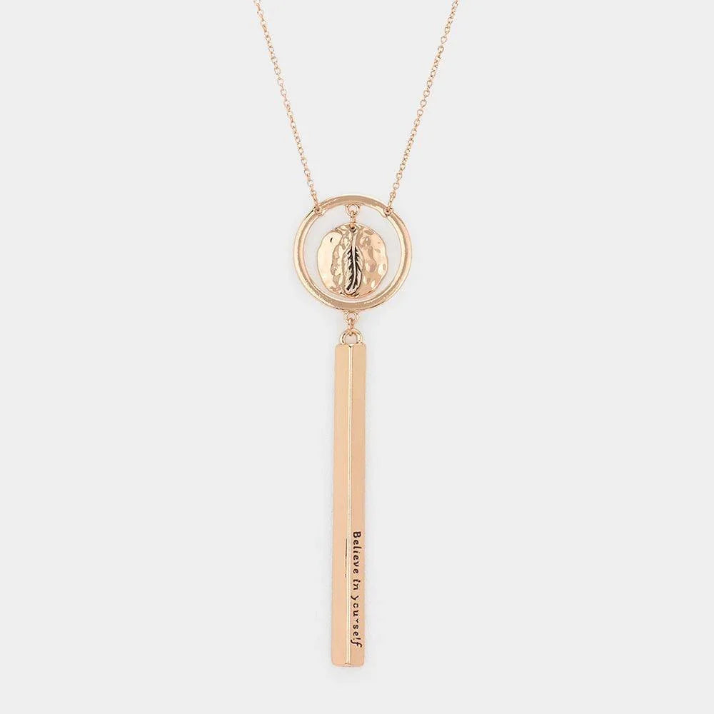 Rose Gold Believe in yourself Message Bar Leaf Pendant Necklace - Jewelry Store by Erik Rayo