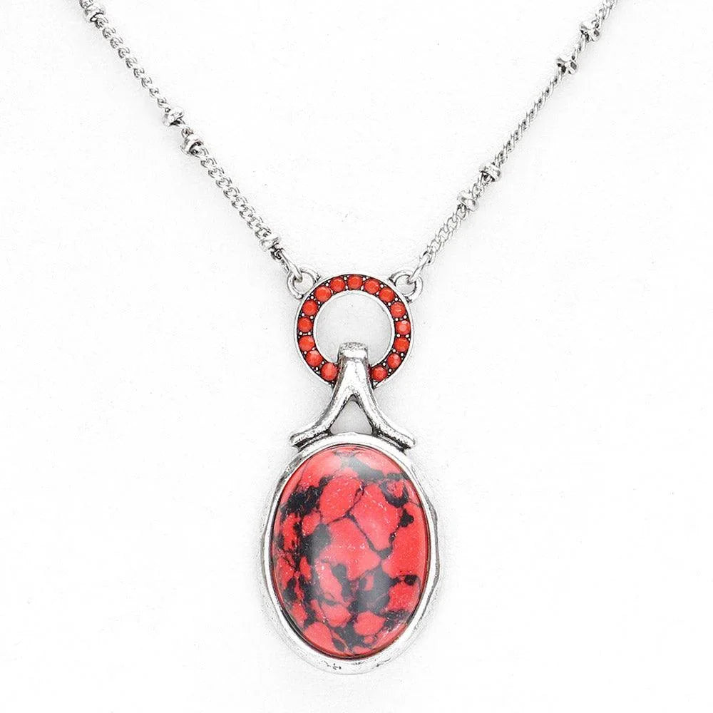 Red Stone Embellished Open Circle Oval Natural Stone Pendant Necklace - Jewelry Store by Erik Rayo