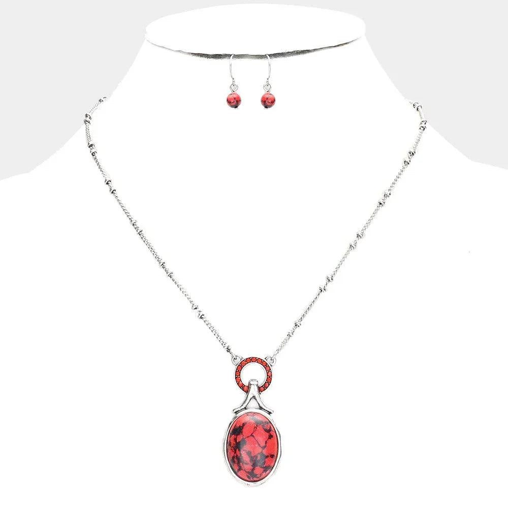 Red Stone Embellished Open Circle Oval Natural Stone Pendant Necklace - Jewelry Store by Erik Rayo