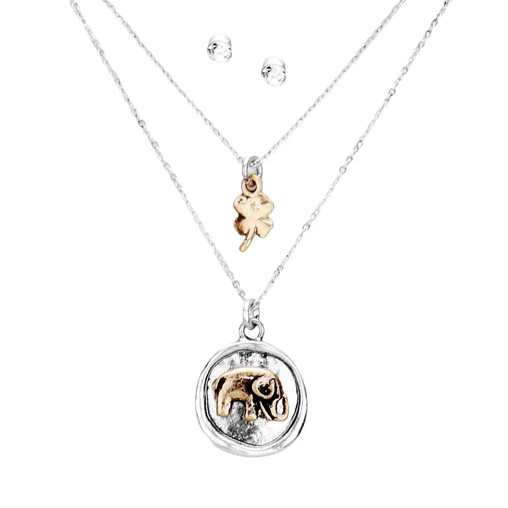 Silver Burnished Metal Elephant Clover Pendant Layered Necklace - Jewelry Store by Erik Rayo