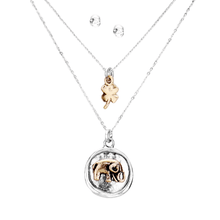 Load image into Gallery viewer, Silver Burnished Metal Elephant Clover Pendant Layered Necklace
