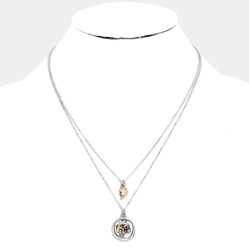 Silver Burnished Metal Elephant Clover Pendant Layered Necklace - Jewelry Store by Erik Rayo