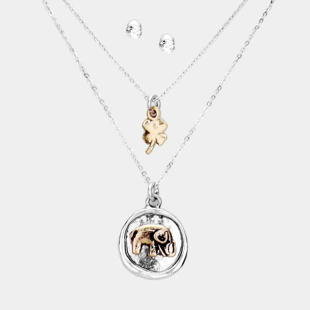 Silver Burnished Metal Elephant Clover Pendant Layered Necklace - Jewelry Store by Erik Rayo