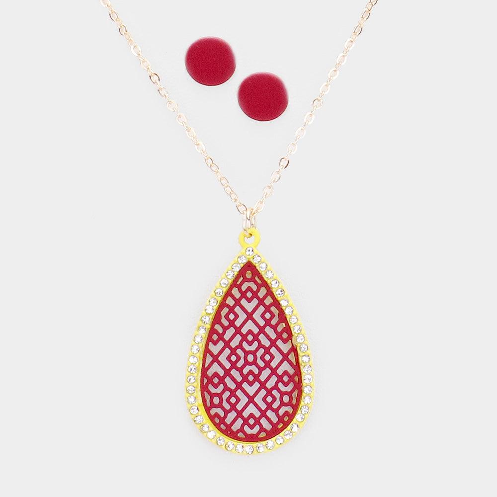 Burgundy Filigree Teardrop Pendant Necklace Rhinestone Paved