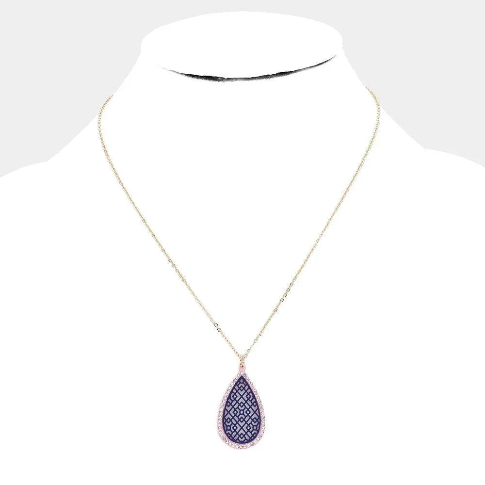 Pink Filigree Teardrop Pendant Necklace Rhinestone Paved - Jewelry Store by Erik Rayo