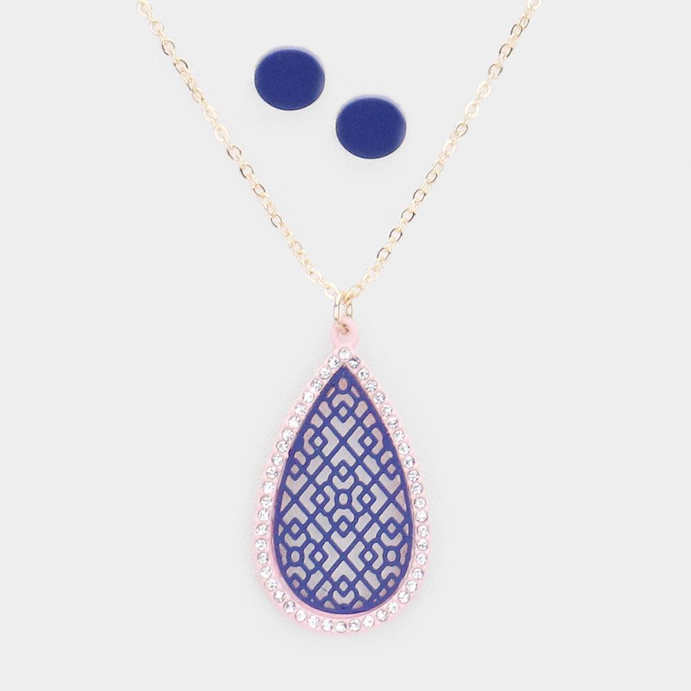 Pink Filigree Teardrop Pendant Necklace Rhinestone Paved