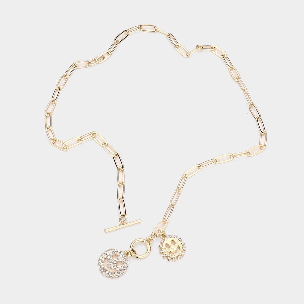 Gold Rhinestone Embellished Double Smile Pendant Toggle Necklace - Jewelry Store by Erik Rayo